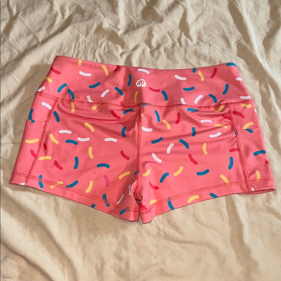 Feed Me Fight Me *NEW* Women's Pink Donut Sprinkle Athletic Workout Shorts - Picture 6 of 12